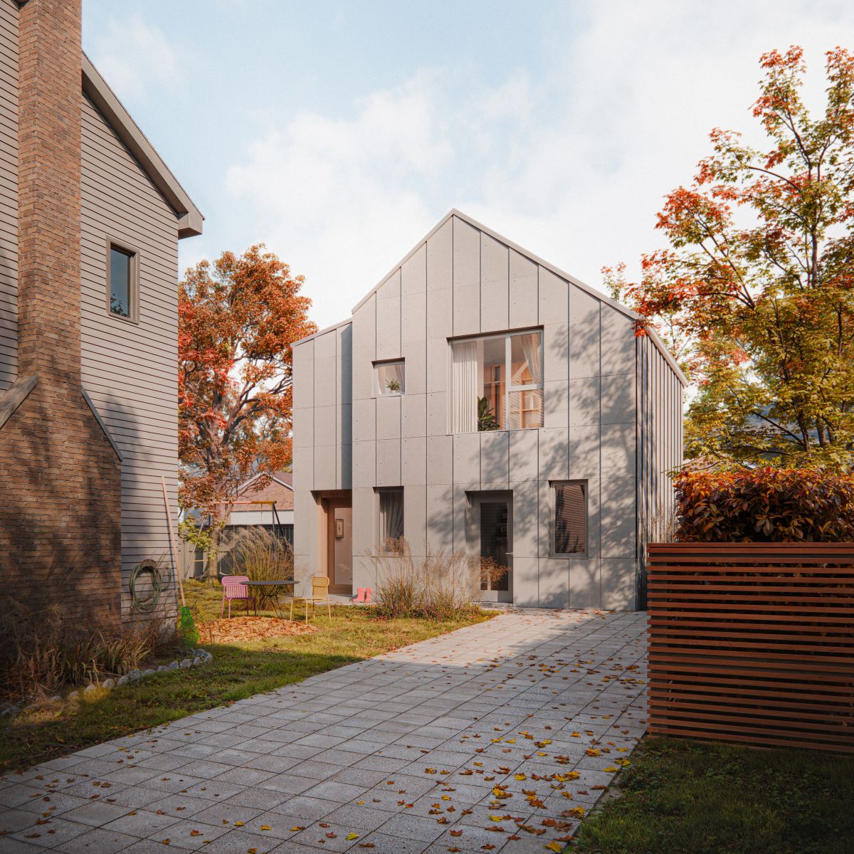 A  3D rendering of a  backyard ADU with a sleek concrete façade, surrounded by autumn trees. The small yard features colorful patio chairs and landscaping.